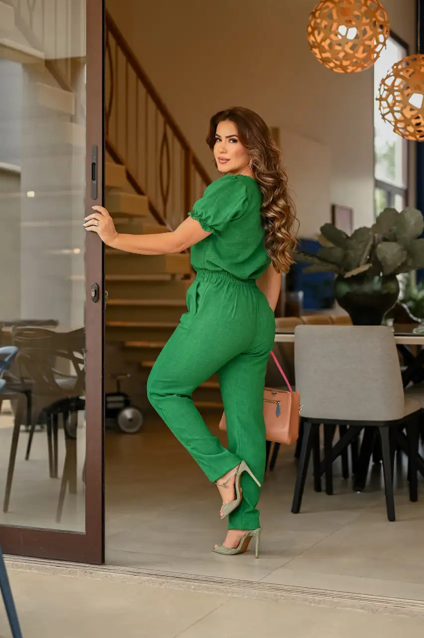 Conjunto Feminino Social Em Linho Blusa Calça Alfaiataria Rennata