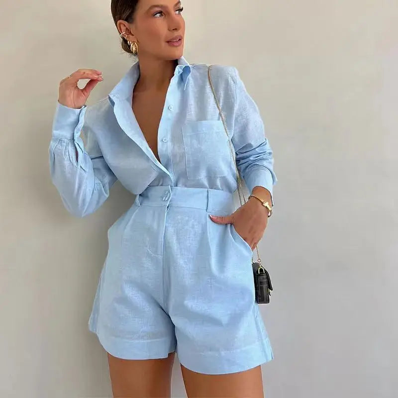 Conjunto Feminino Short e Camisa Manga Longa de Colarinho