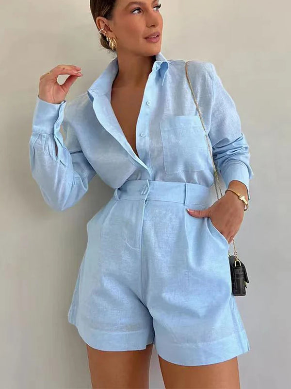 Conjunto Feminino Short e Camisa Manga Longa de Colarinho