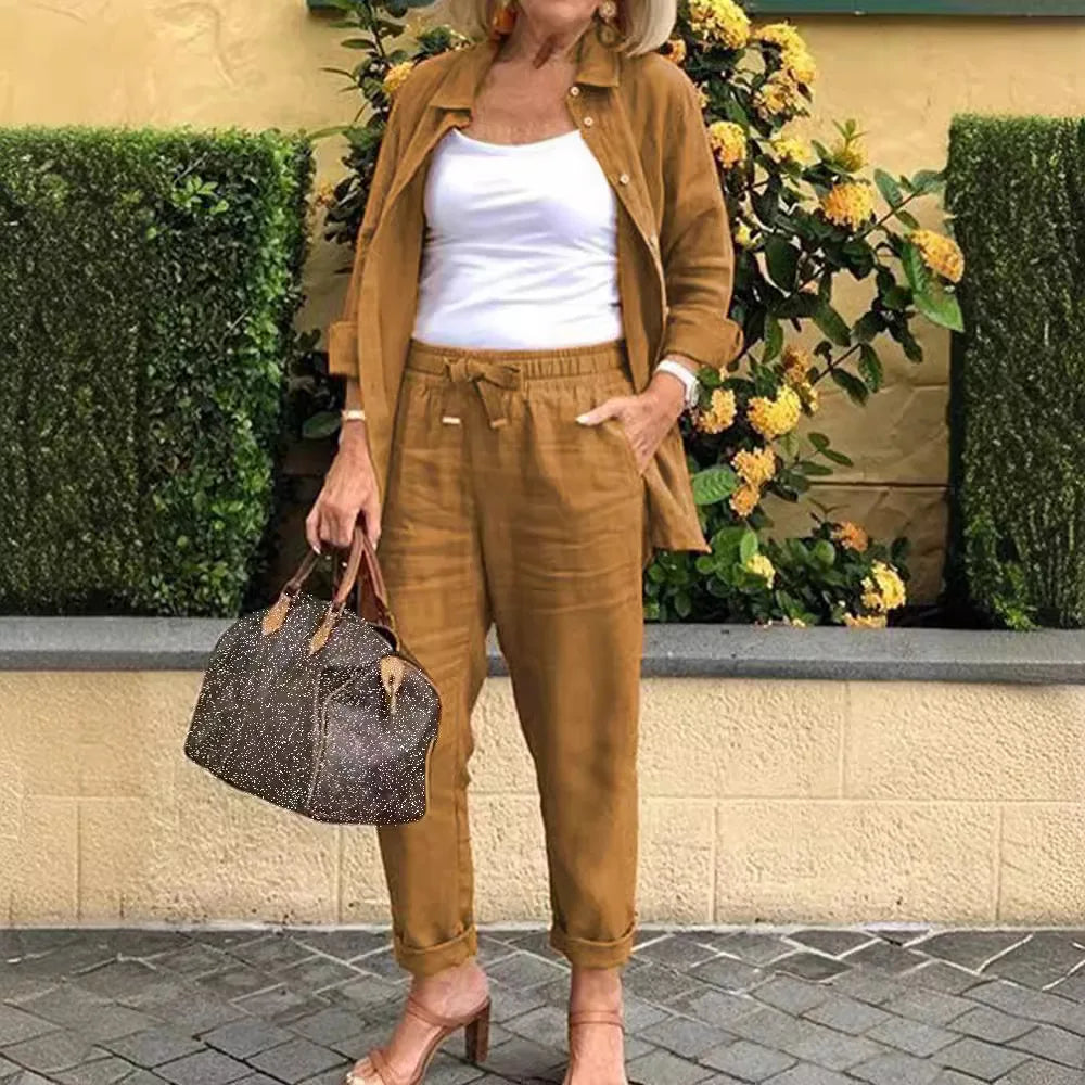 Conjunto Feminino Linho com Calça e Manga Comprida