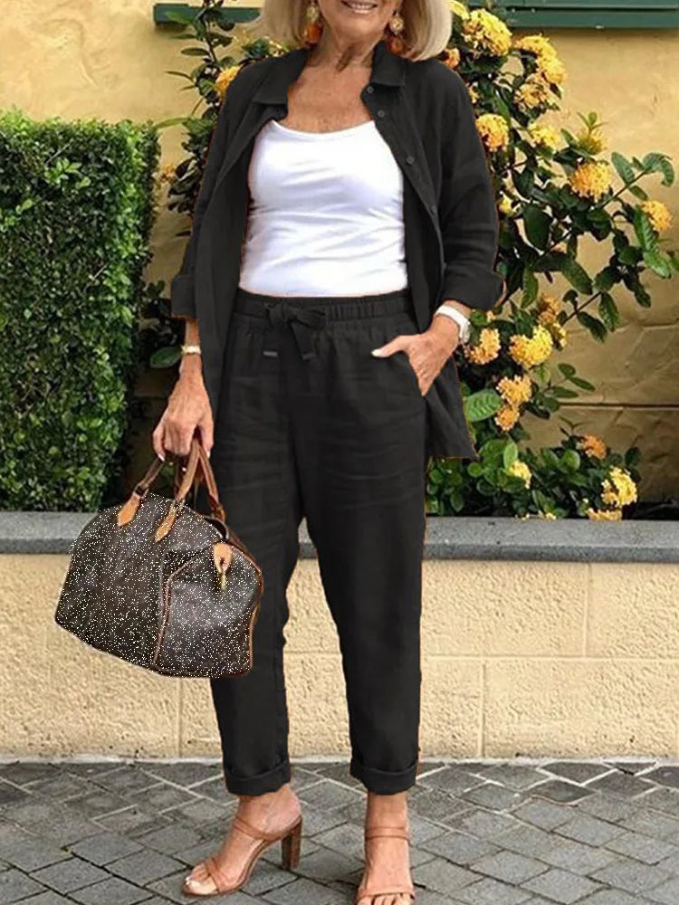 Conjunto Feminino Linho com Calça e Manga Comprida