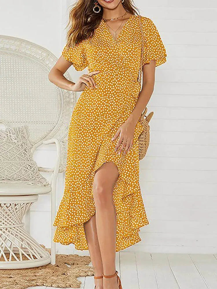 Vestido Longo de Chiffon Babado Decote V