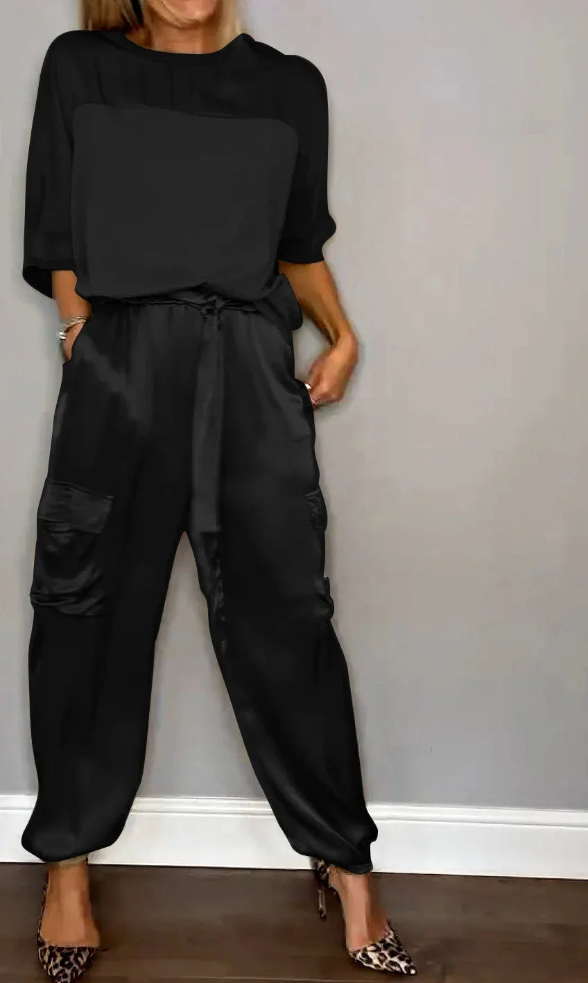 Conjunto de Top de Cetim Liso com Mangas 3/4 e Calça Feminina