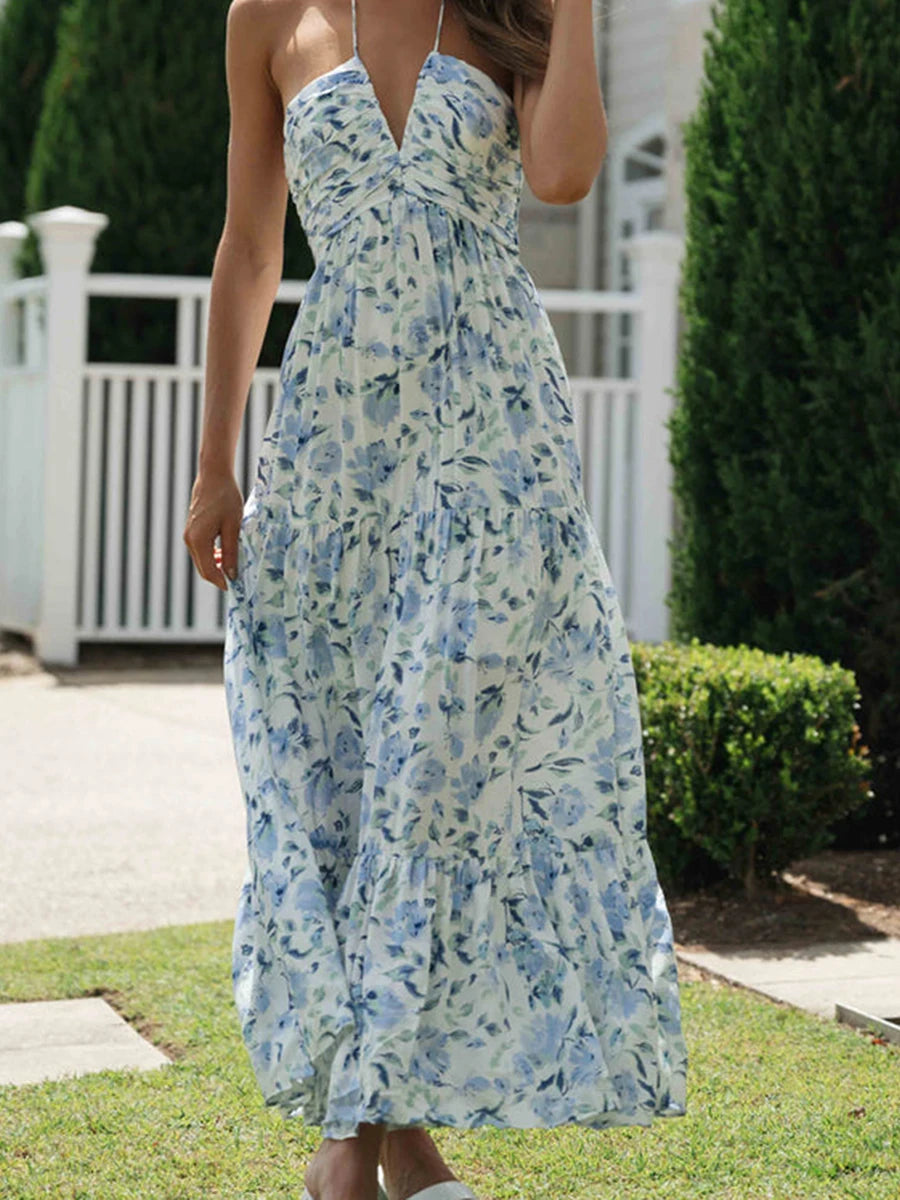 Vestido Feminino Longo Frente Única Floral Chiffon