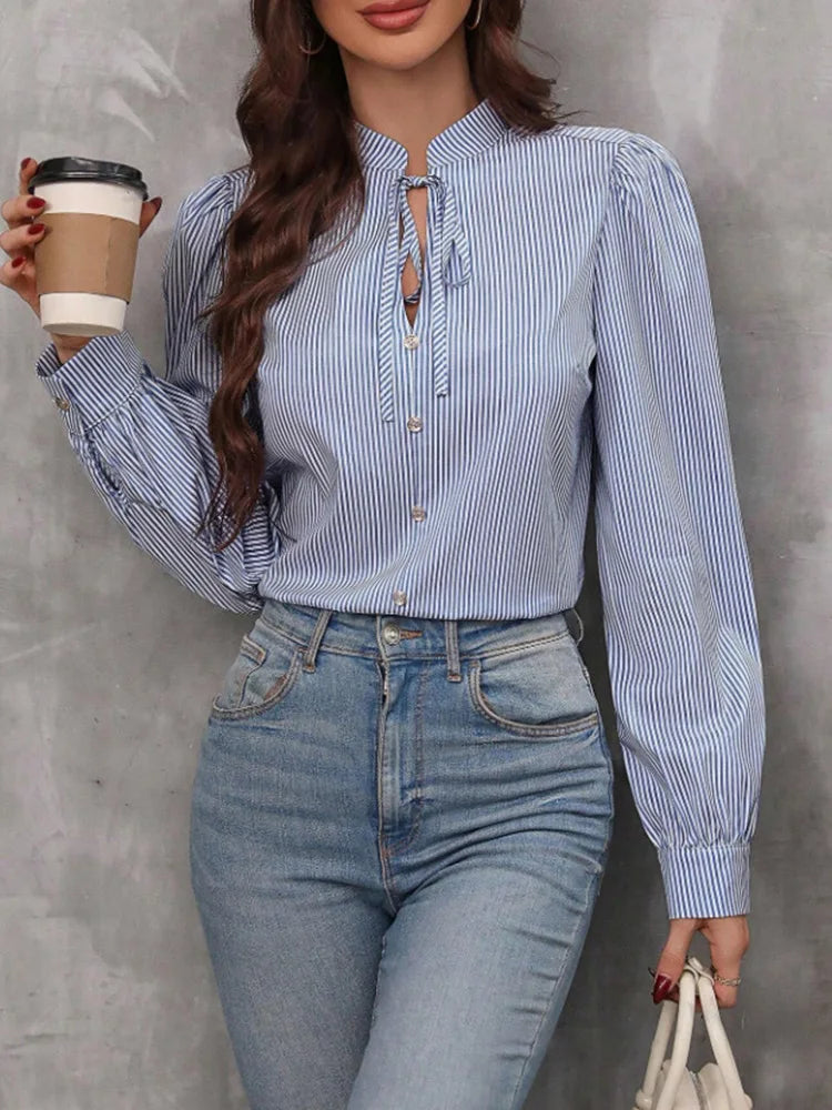 Camisa Feminina Manga Longa Cor Sólida Listrado