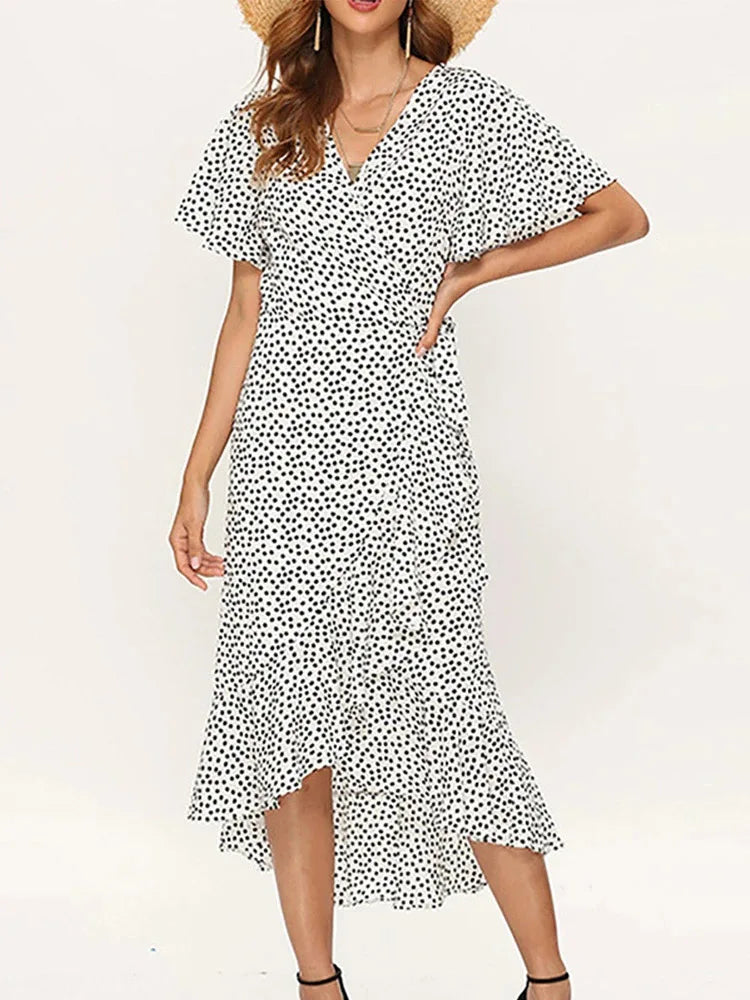 Vestido Longo de Chiffon Babado Decote V