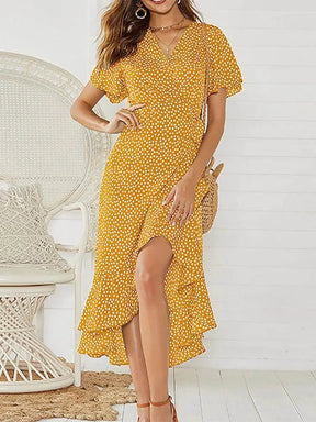 Vestido Longo de Chiffon Babado Decote V