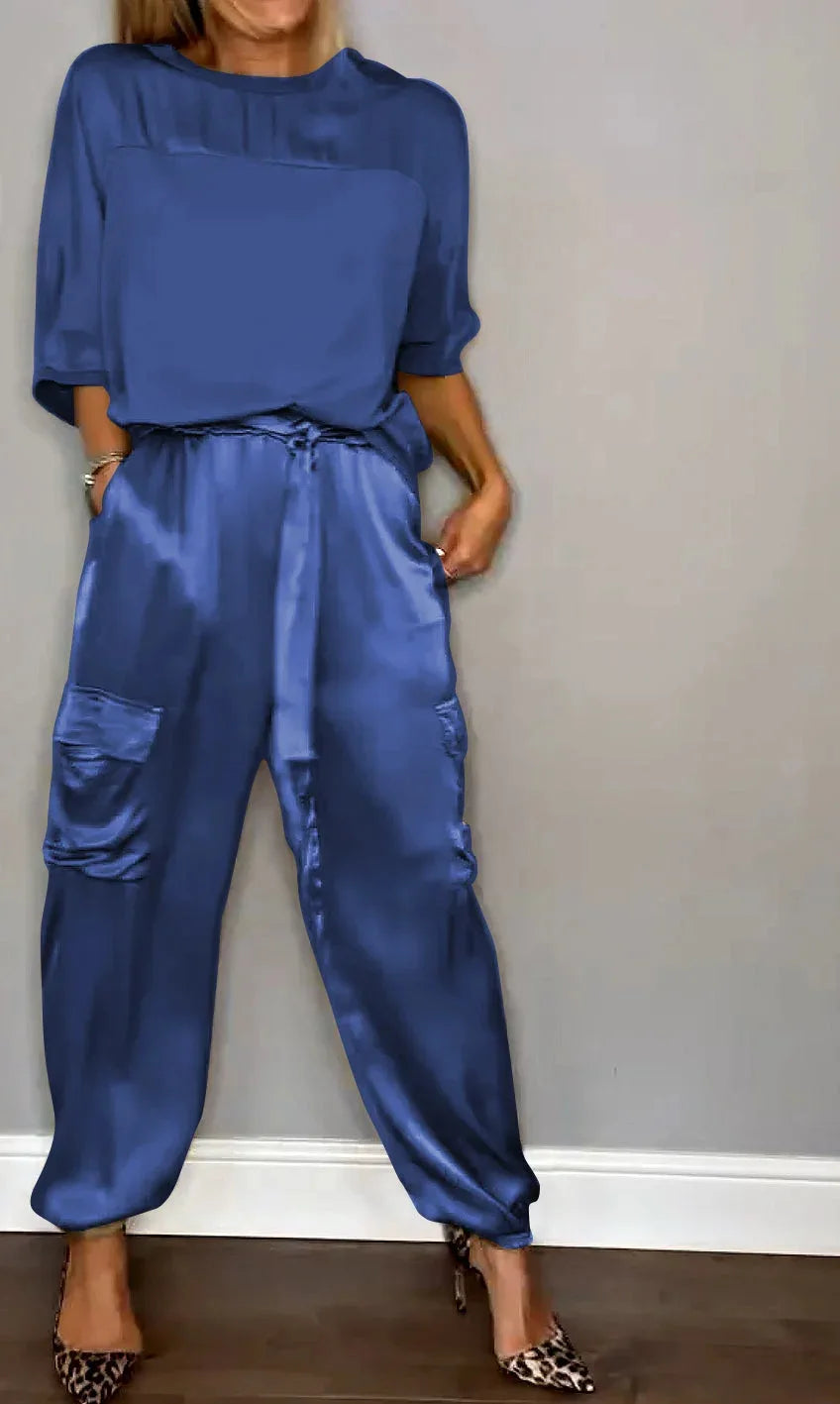 Conjunto de Top de Cetim Liso com Mangas 3/4 e Calça Feminina