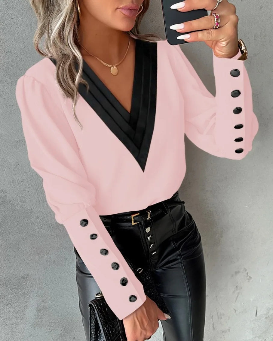 Camisa Social Feminina Decote V Manga Longa