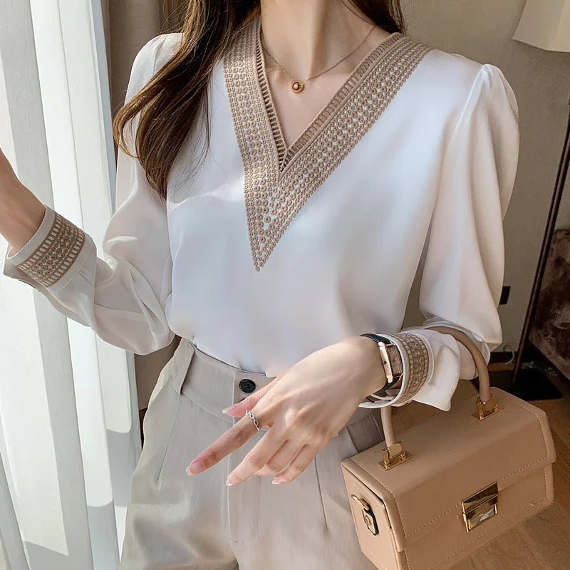 Blusa Manga Longa De Chiffon Decote V