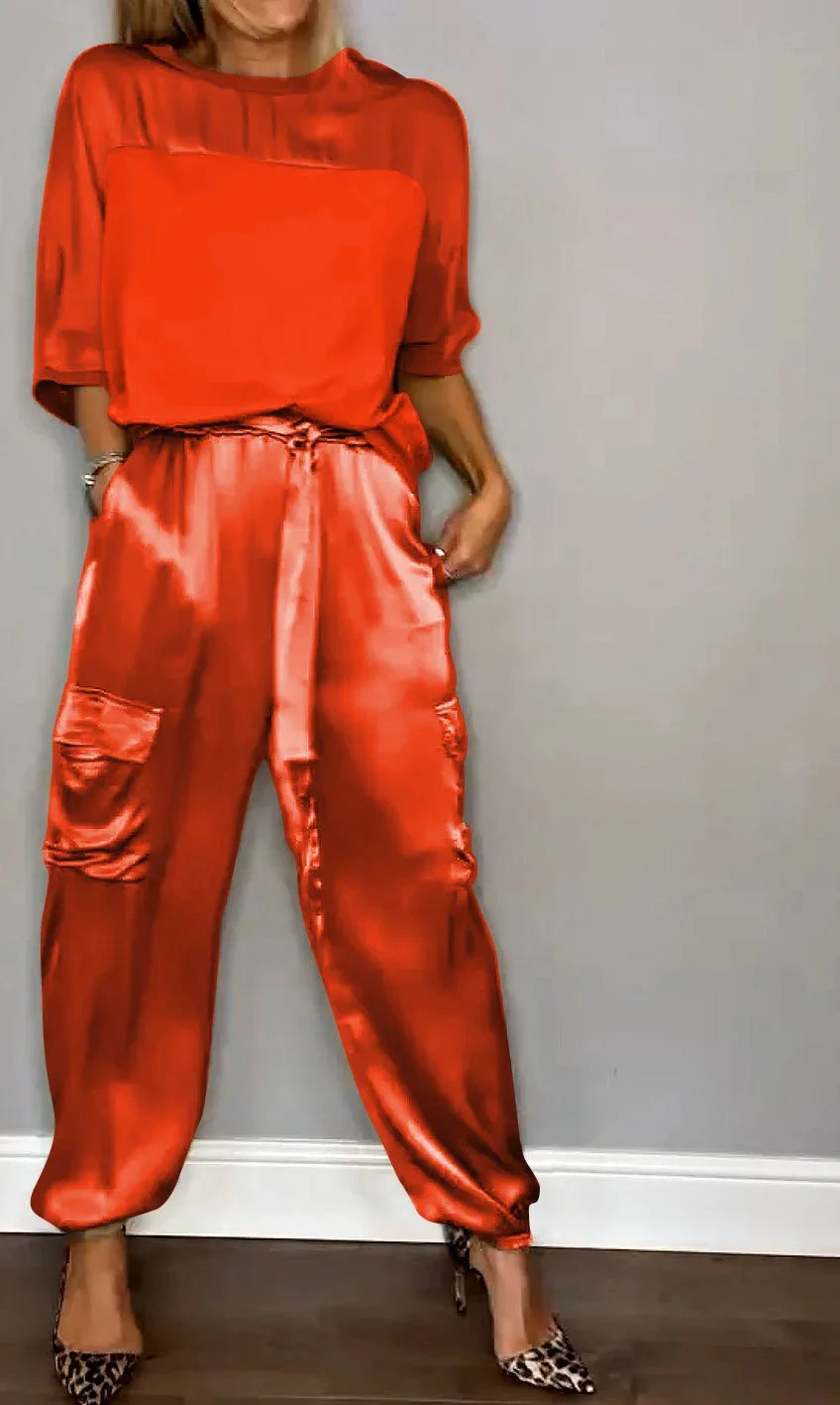 Conjunto de Top de Cetim Liso com Mangas 3/4 e Calça Feminina