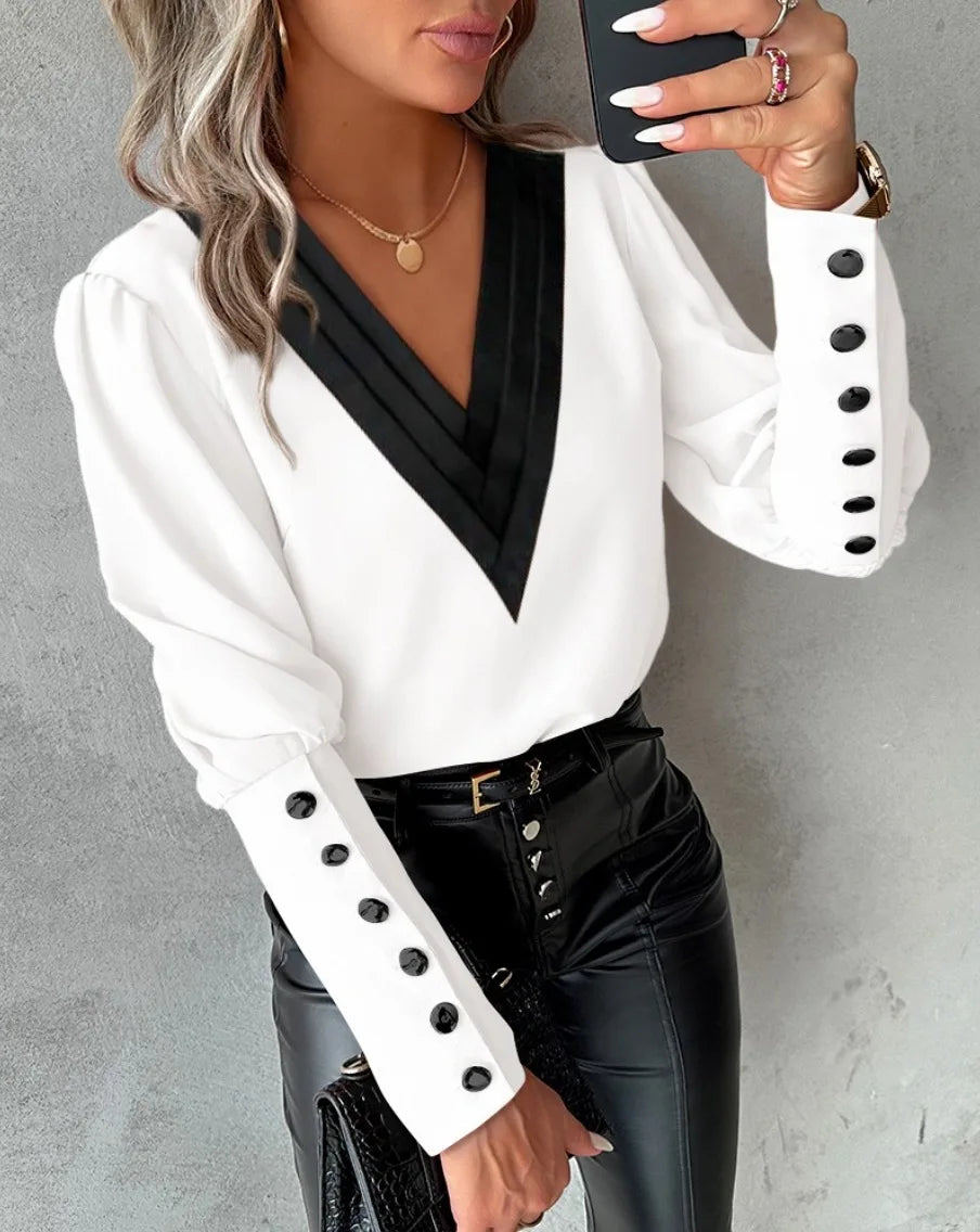 Camisa Social Feminina Decote V Manga Longa
