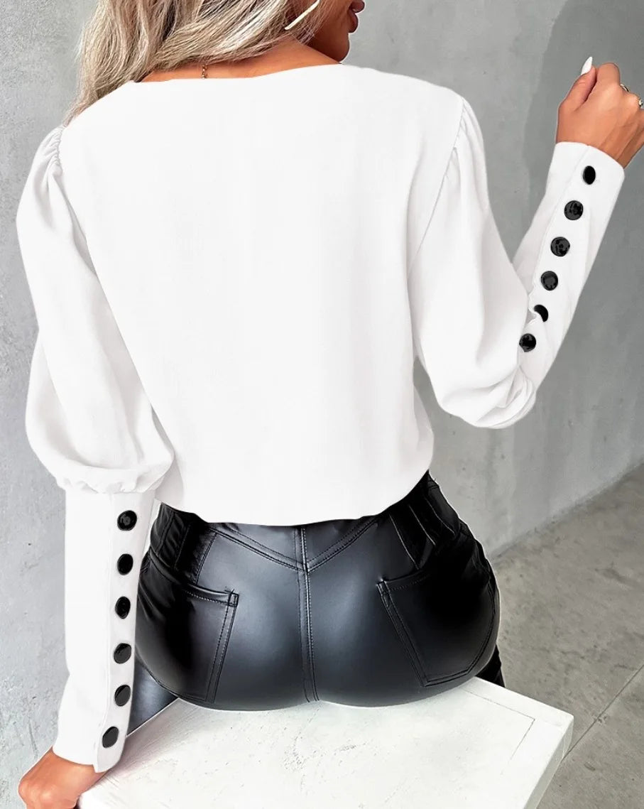 Camisa Social Feminina Decote V Manga Longa