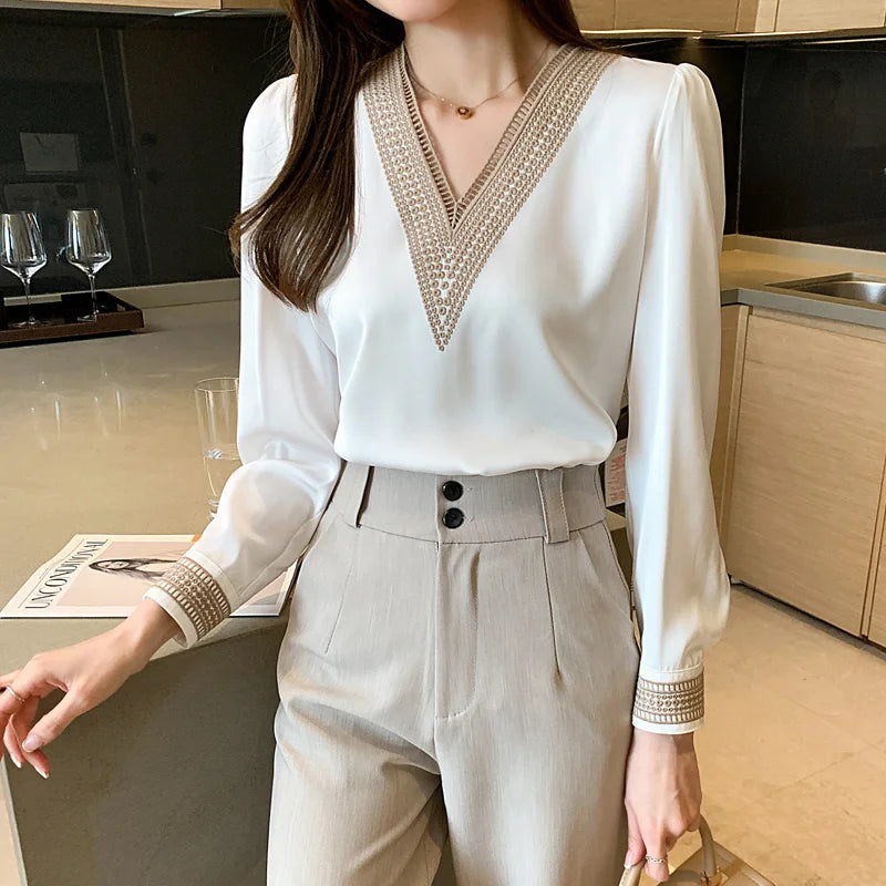 Blusa Manga Longa De Chiffon Decote V