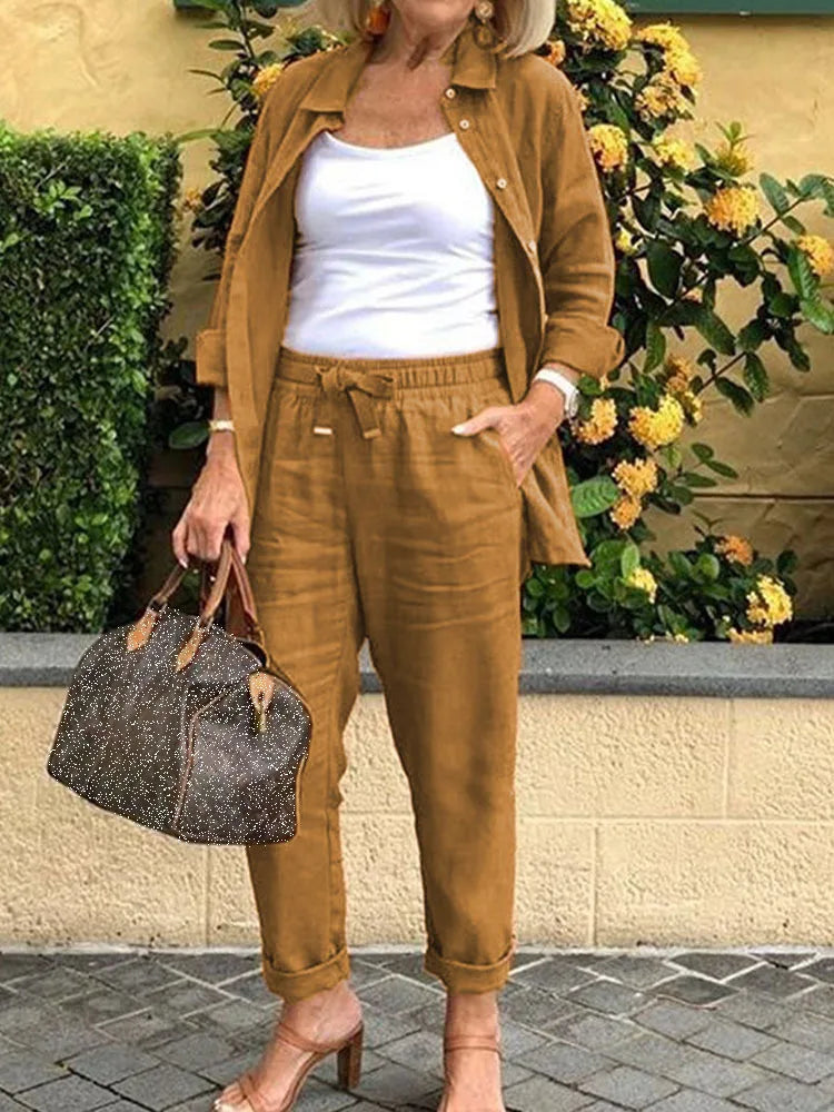 Conjunto Feminino Linho com Calça e Manga Comprida