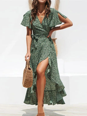 Vestido Longo de Chiffon Babado Decote V