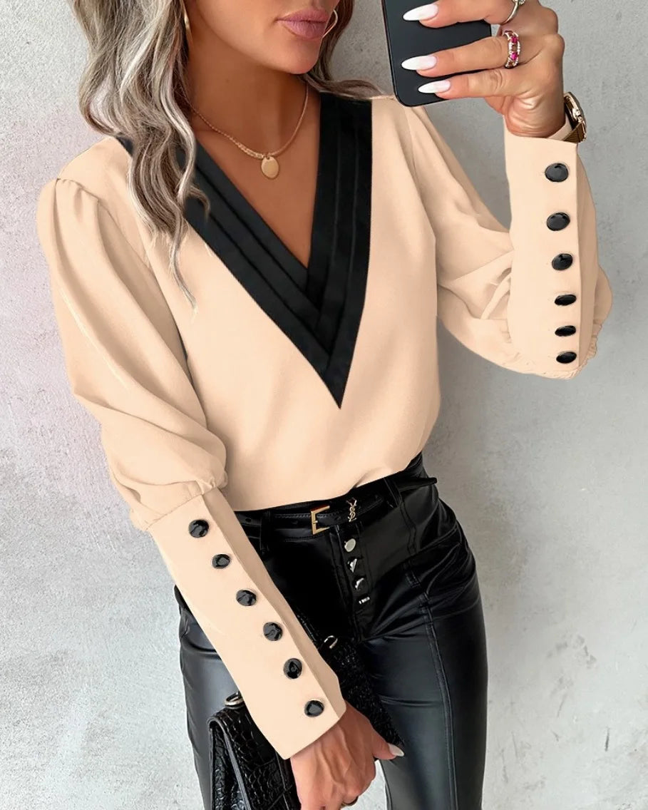Camisa Social Feminina Decote V Manga Longa