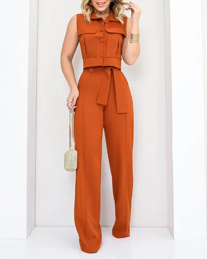 Conjunto Casual de Duas Peças com Calça e Camisa Sem Manga
