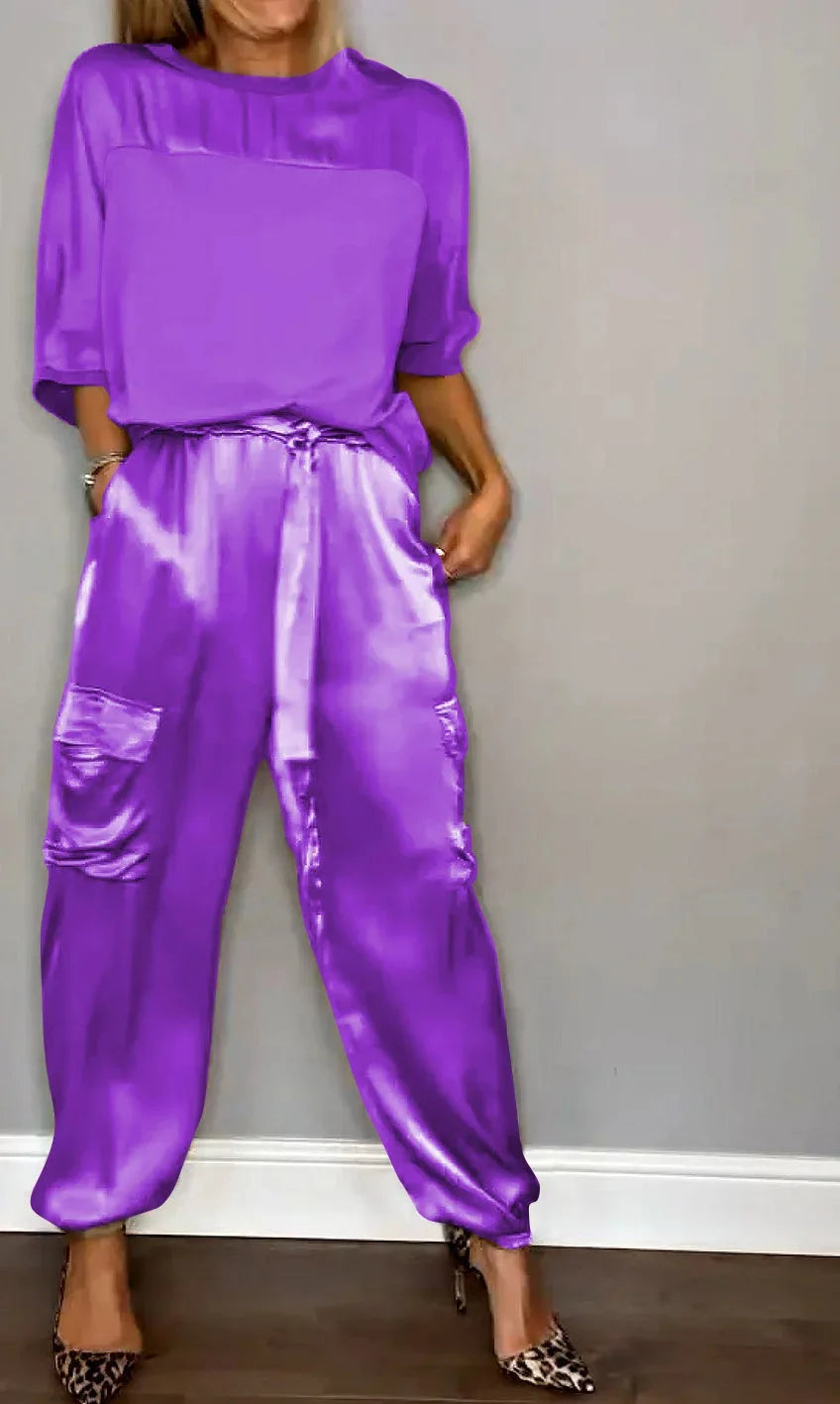 Conjunto de Top de Cetim Liso com Mangas 3/4 e Calça Feminina