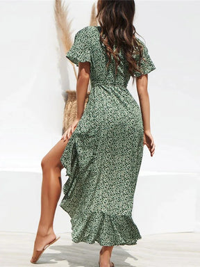 Vestido Longo de Chiffon Babado Decote V
